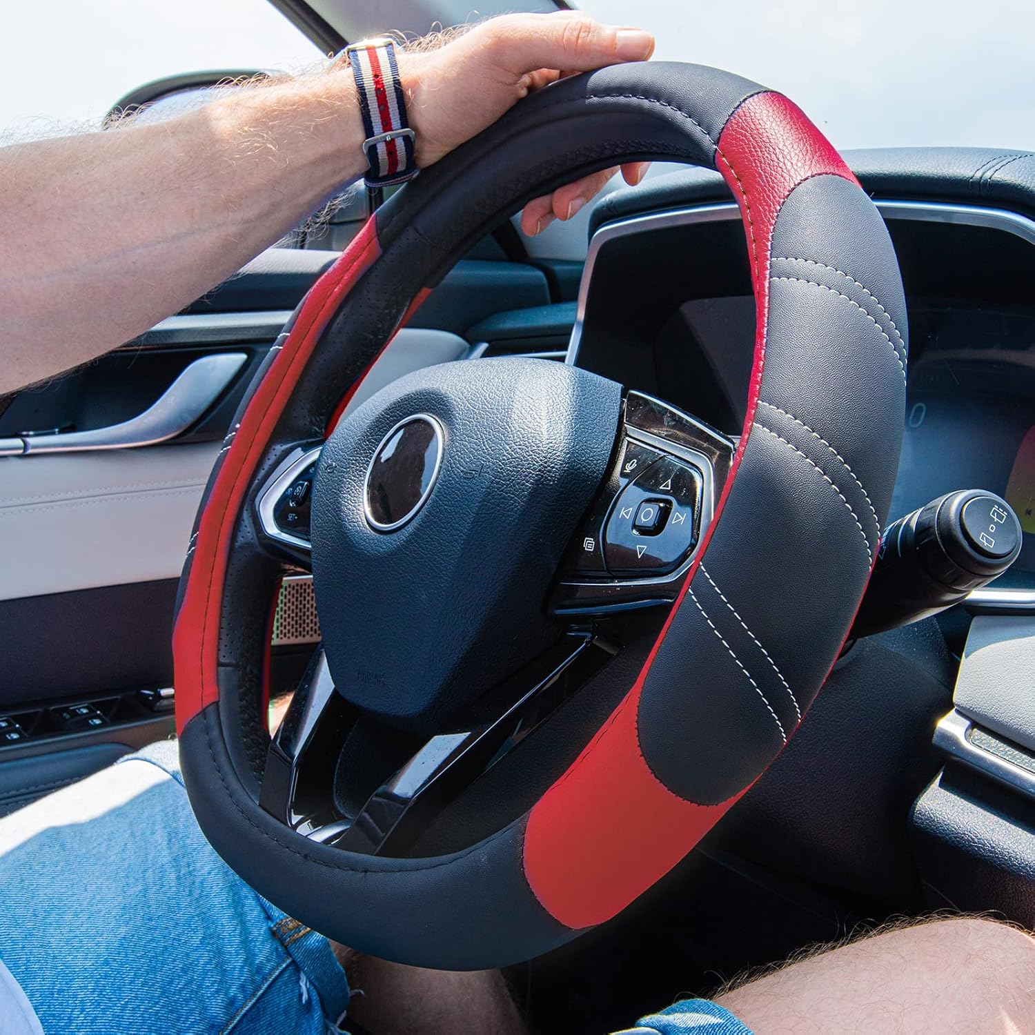 CAR PASS Line Rider Microfiber Leather Sporty Steering Wheel Cover Universal Fits for 95% Truck,SUV,Cars,14.5-15inch Anti-Slip Safety Comfortable Desgin (Black-Red)