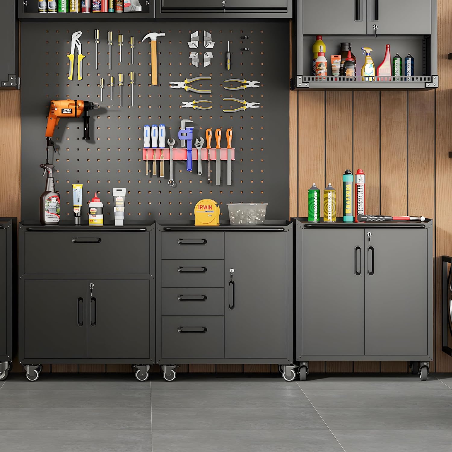 Metal Tool Cabinet,Garage Storage Cabinet System,Wall Cabinet & Locking Rolling Tool Cabinet with Doors and Adjustable Shelves,Steel Tool Cabinets for Home,Office (2 Pcs-StyleF, Black)