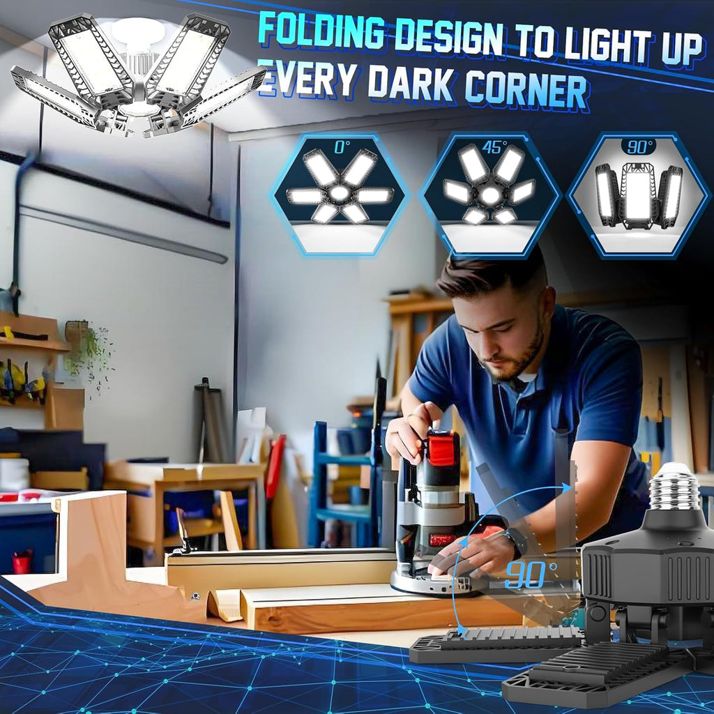 ISKYDRAW Garage Lights Bulb - 6 Pack 200W Garage Lights Ceiling LED 20000LM 6500K Led Shop Light with 6 Deformable Panels, Screw in E26 E27 Socket Basement Lighting for Workshop Barn Attic