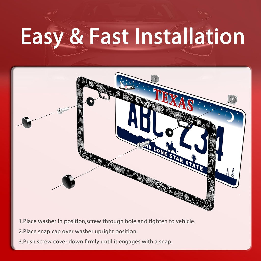 Line Art Flowers License Plate Frame Beautiful Floral License Plate Frames Funny Stainless Steel Accessories Cars Decor with 2 Holes and Screws Fits Standard Us Ca Vehicles Holder 12.2 X 6 Inch