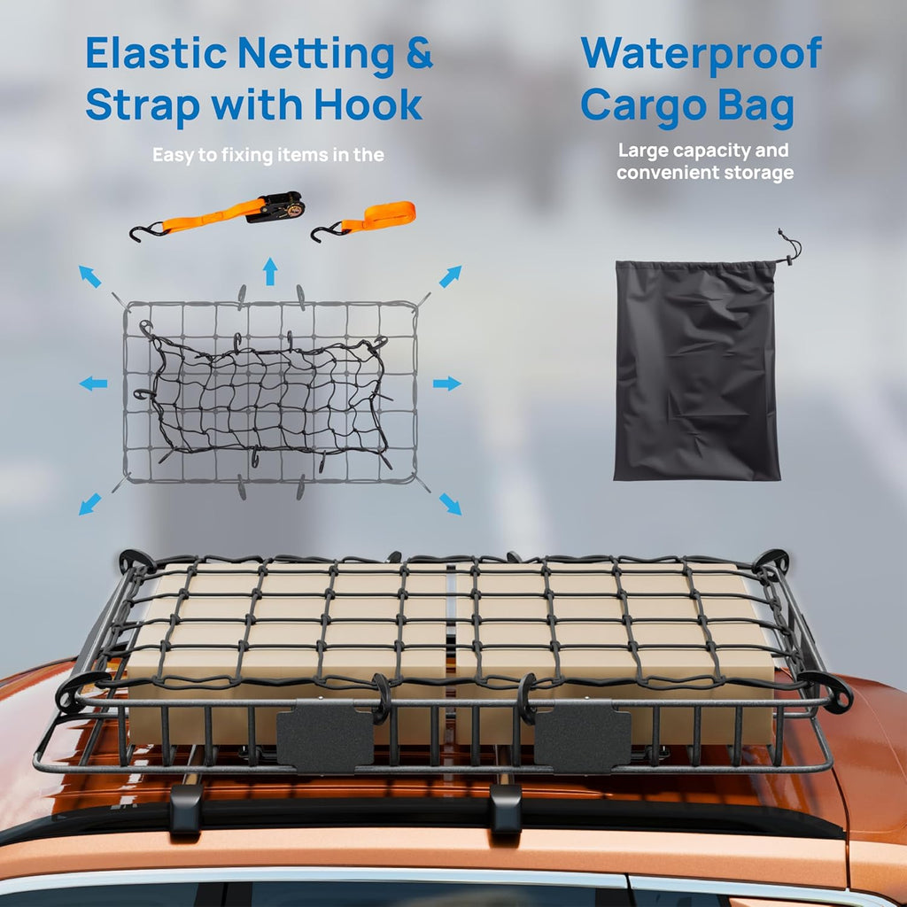 TUFFIOM 64"x 39"x 6" Universal Rooftop Cargo Carrier Basket, Extendable Steel Roof Rack Basket w/Net+Storage Bag+Pedal+Straps, Heavy Duty Car Top Rack Luggage Holder Carrier for SUV Car Truck Van