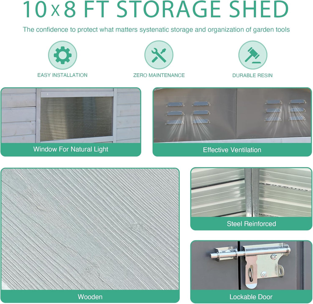 8x10 FT Outdoor Storage Shed with Windows, Wood & Metal Garden Shed, Outside Storage Shed Waterproof for Backyard, Garden, Patio, 4 Vents (Without Floor) Gray