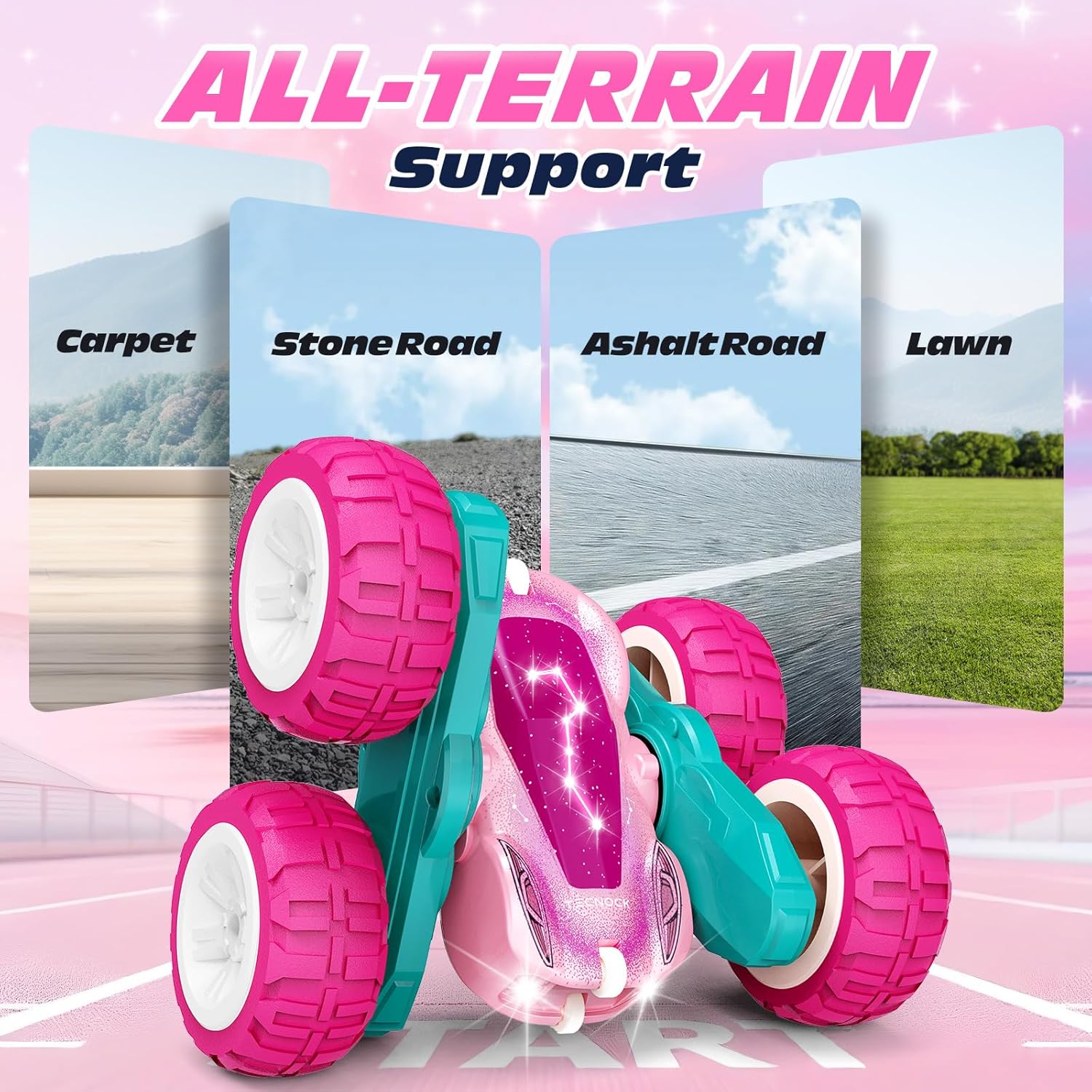 Tecnock Pink Remote Control Car for Girls and Boys, 2.4GHz RC Cars with USB-C Easy Charging, 4WD Double Sided 360° Rotates and Flips RC Stunt Car, Toys Gift for Kids
