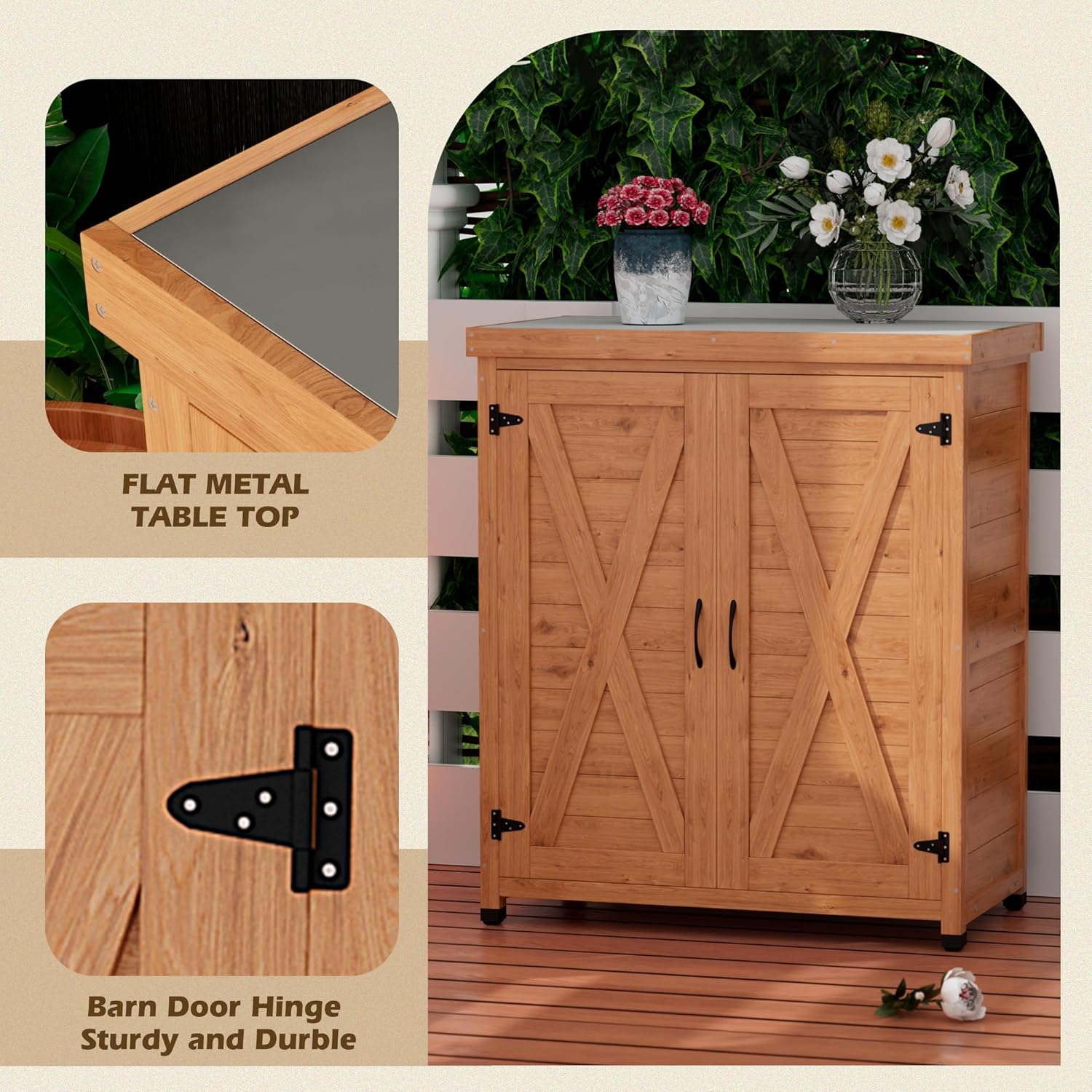 Outdoor Storage Shed Waterproof, Potting Shed with Storage Cabinet and Metal Table Top for Backyard Garden Patio, Outdoor Work Station Table, Light Brown