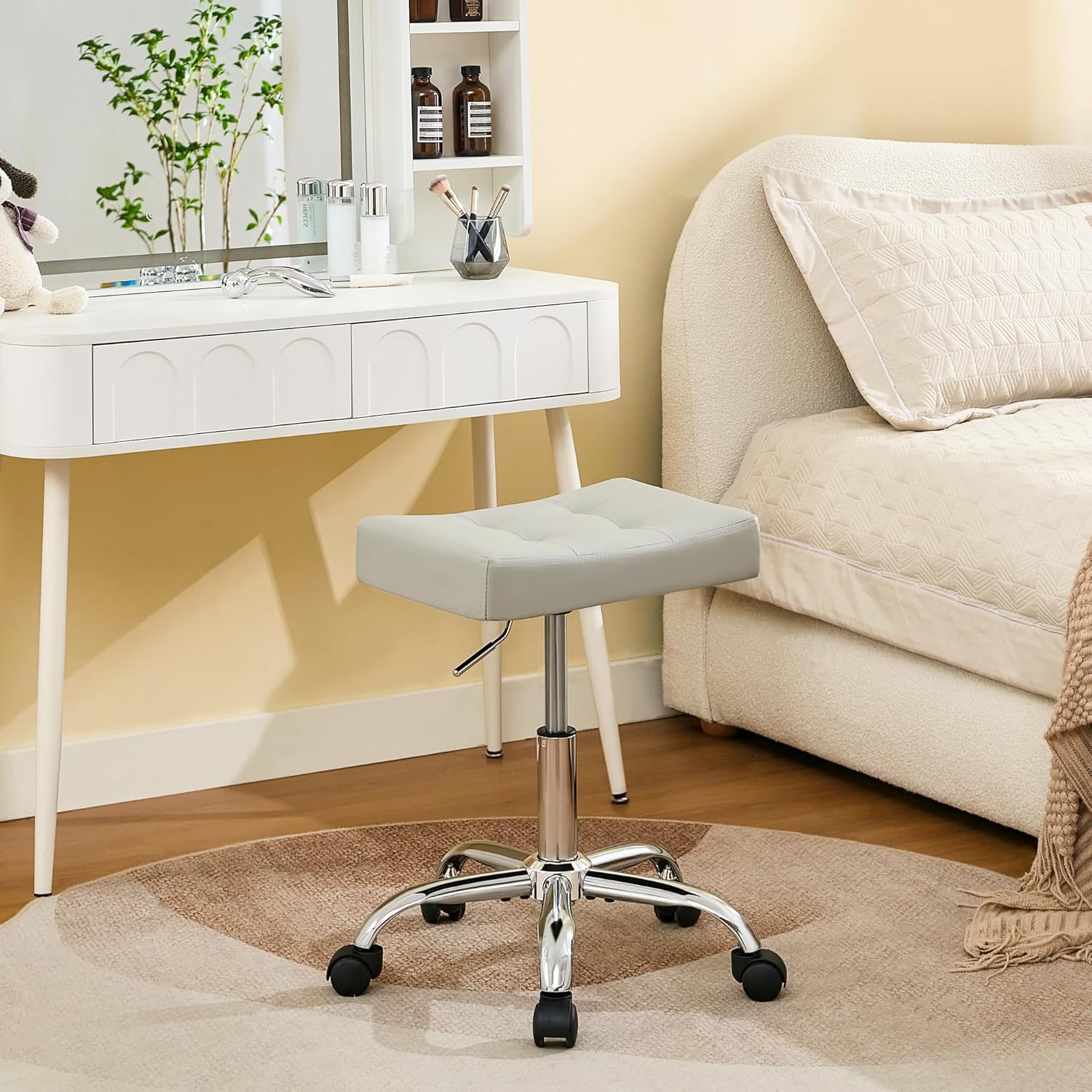 Saddle Stool with Wheels, Swivel Rolling StoolS for Vanity, Adjustable Height Tattoo Stool 17"-21" (Gray)