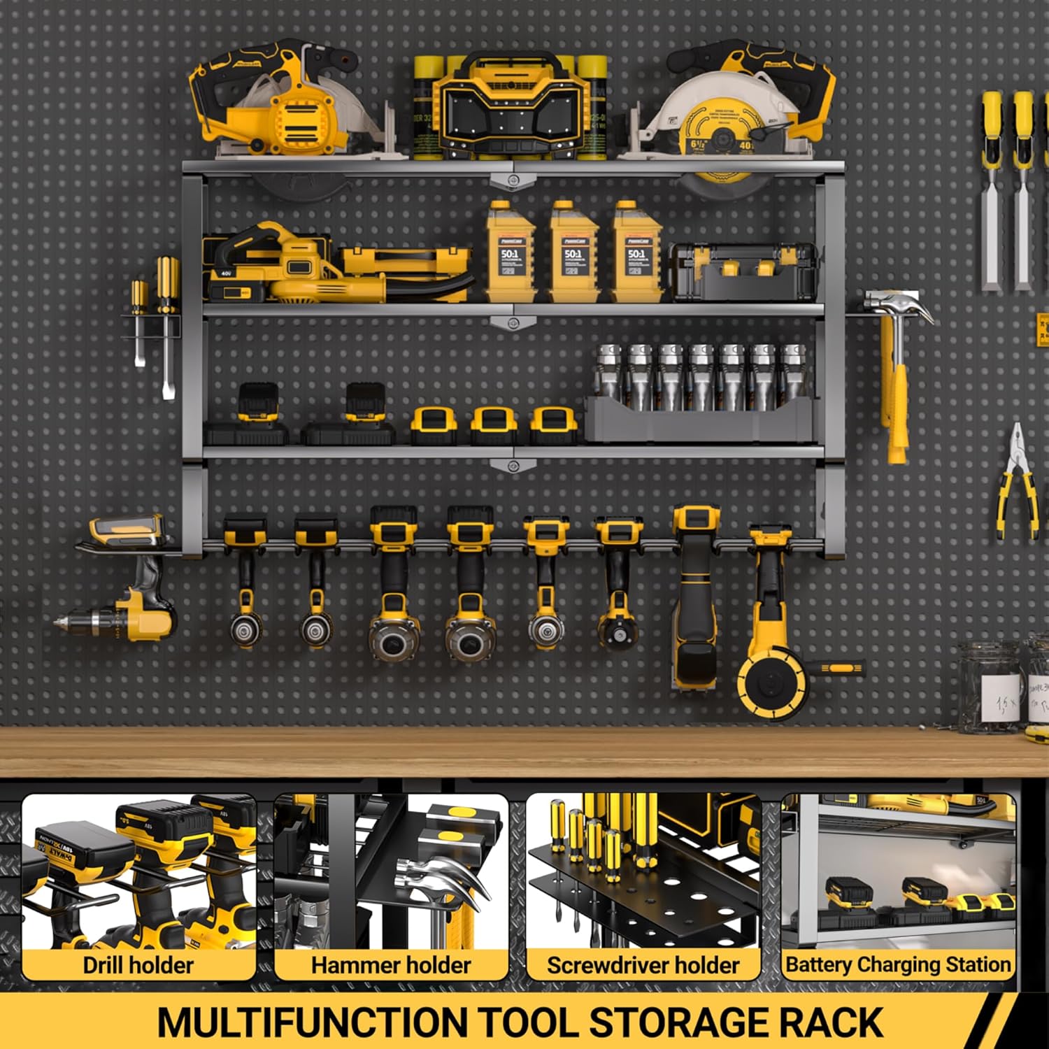 YYR Large Power Tool Organizer Wall Mount, Heavy Duty Metal Cordless Drill Storage Rack with Battery Charging Station Shelf, Utility Racks for Garage Organization, 4 Layer 10 Drills Holder Extra Tall