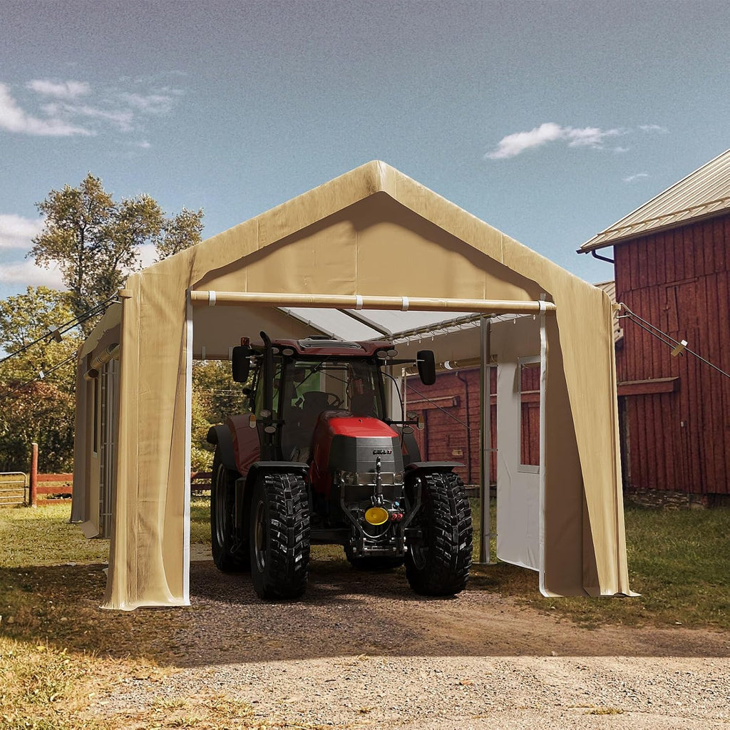 13x20ft Heavy Duty Carport Outdoor Canopy Portable Garage with 4 Doors & 4 Windows Waterproof UV Resistant Storage Shelter with Removable Sidewalls for Car Truck Boat, Earthy Yellow