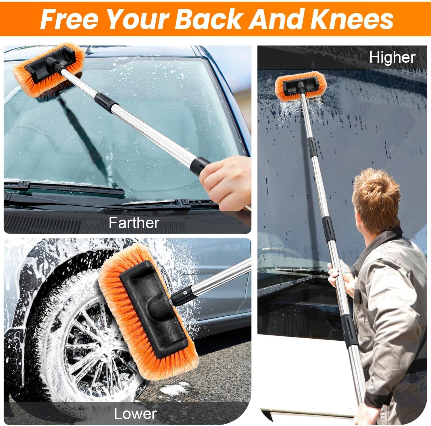 65" Car Wash Brush with Extension Pole, Car Wash 12" Dip Soft Five-Sided Brush, No Scratch Car Cleaning Brush Supplies for RV Boat Truck SUV, House Siding, Snow