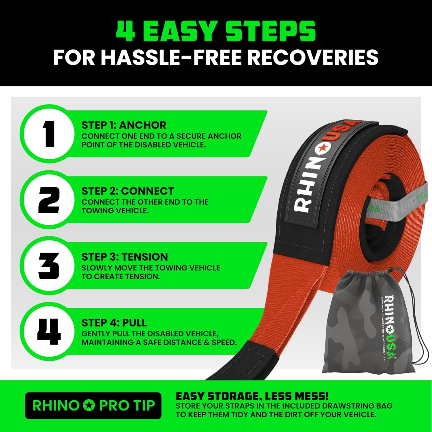 Rhino USA Recovery Tow Strap (2"x20')- 20,024lb Break Strength- Emergency Recovery Strap Tow Rope for UTV, ATV & More- Heavy Duty Towing Strap for Offroad 4x4 Use- Compatible with RZR and Can-Am (Red)