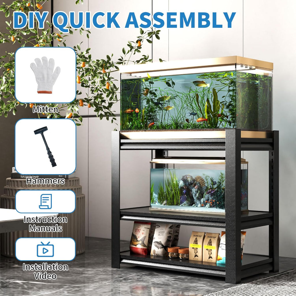 3 Tier Metal Shelving Unit, Aquarium Shelf System, Small Storage Organizer Racks for Basement Garage Laundry Utility Shelving (Black)