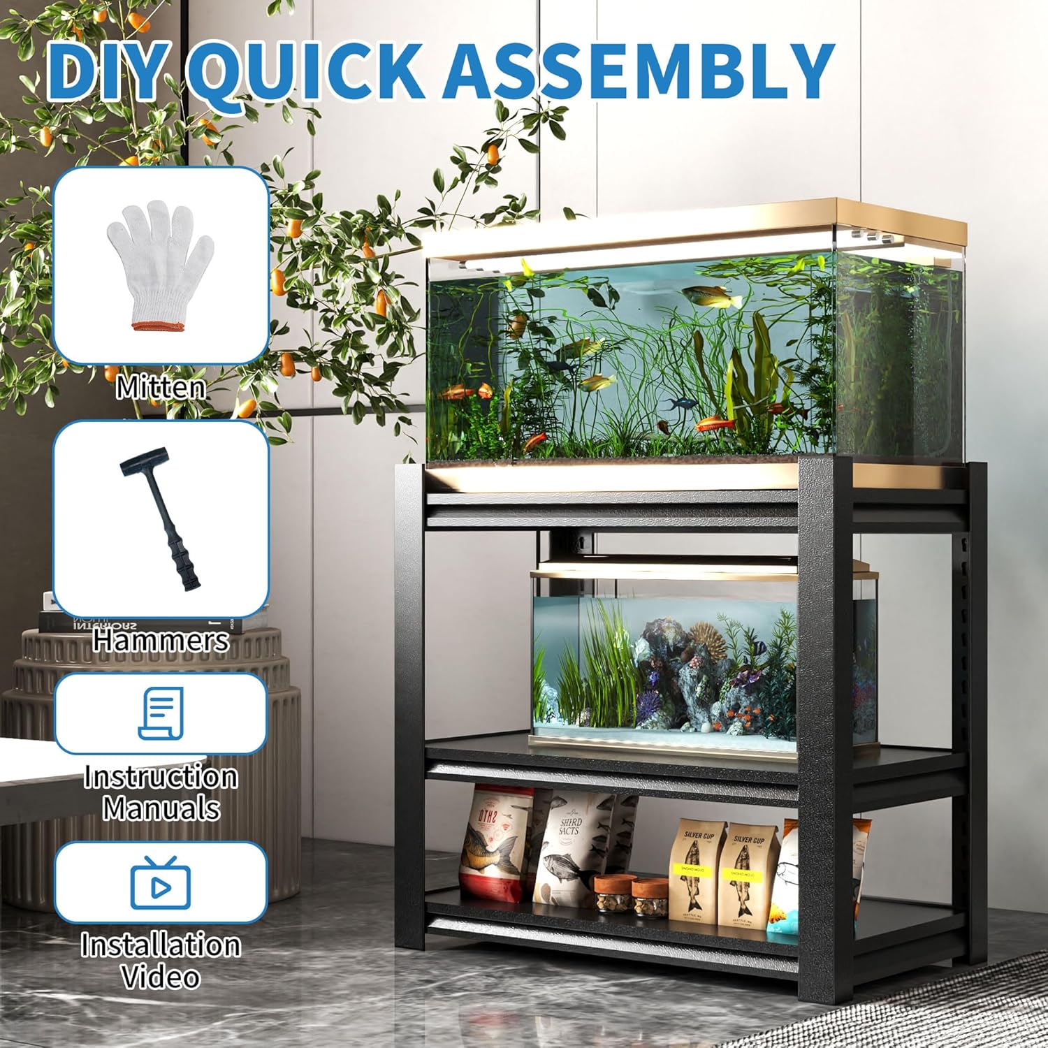 3 Tier Metal Shelving Unit, Aquarium Shelf System, Small Storage Organizer Racks for Basement Garage Laundry Utility Shelving (Black)