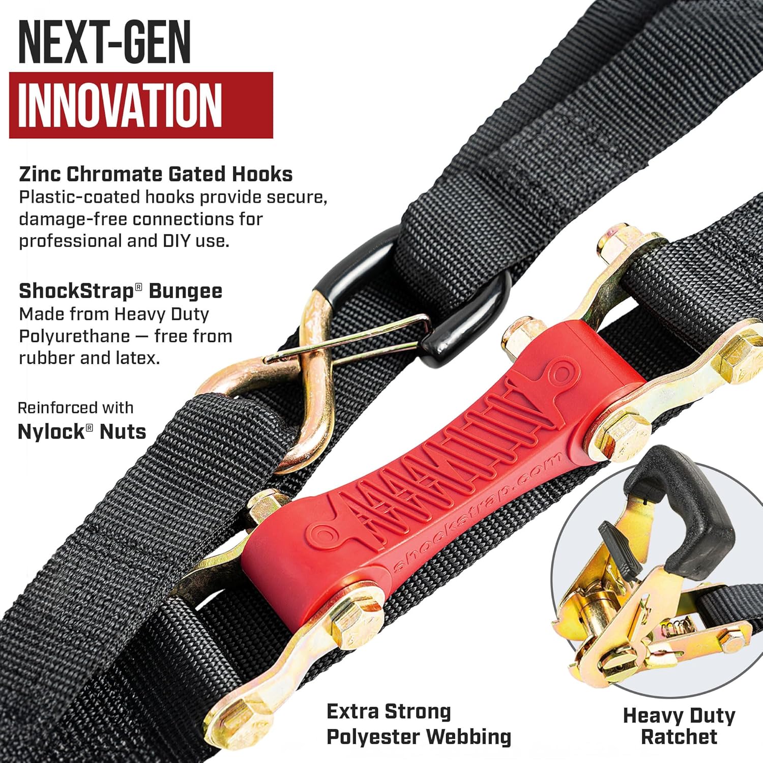 Ratchet Strap, 7’ x 1.5" Shock Absorbing Heavy Duty Tie downs for Cargo, 1,000 LB WLL / 3,000 LB Break Strength, 4-Pack