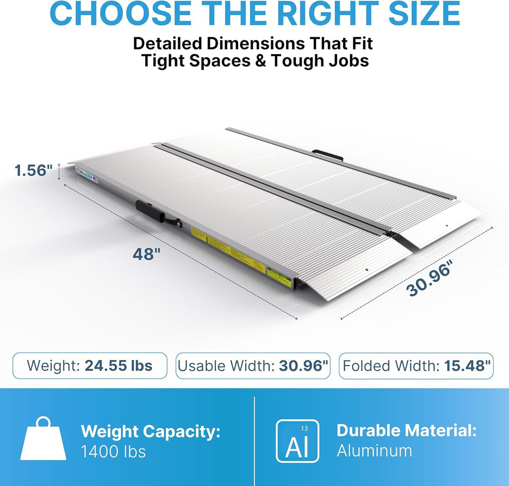 EZ-ACCESS Traverse 4 Foot Durable Aluminum Singlefold Edgeless Curbless Portable Folding Loading Ramp with Carrying Handles, Silver