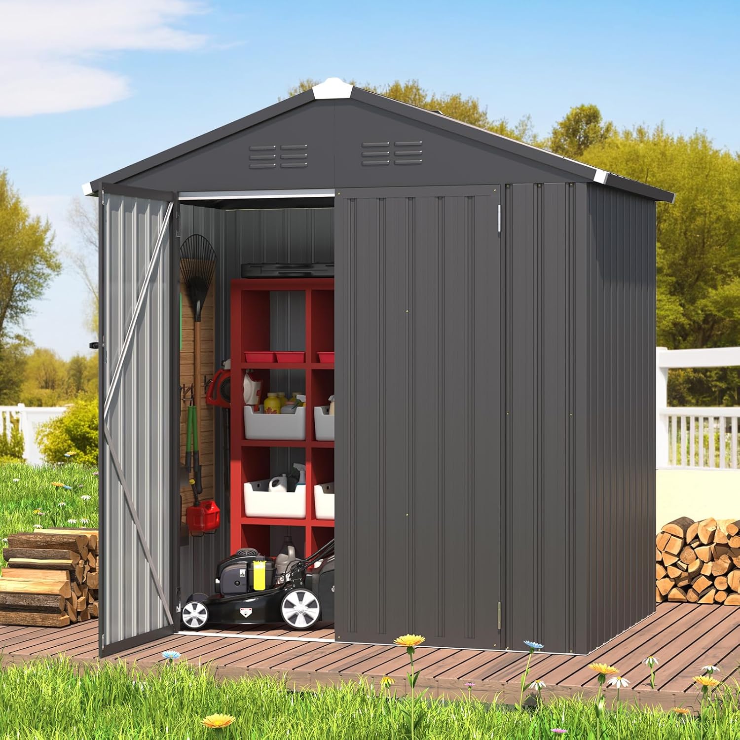 AECOJOY Shed 6' x 4' Storage Shed, Dark Grey Metal Sheds & Outdoor Storage Clearance, Utility and Tool Garden Shed with Lockable Doors for Backyard, Patio, Outside Use