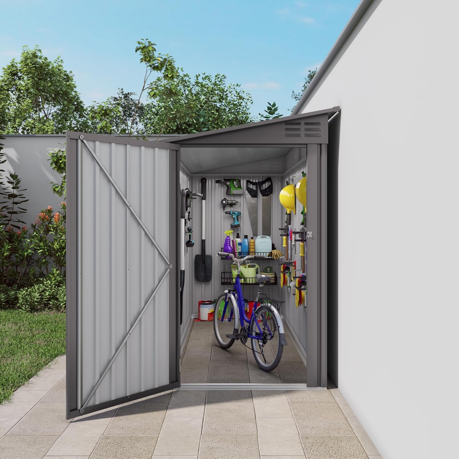 Lean to Storage Shed 4 x 9 FT Outdoor Metal Wall Storage Shed & Garden Storage Cabinet, Tool Shed with Sloping Roof, 2 Vents & Side Open Door for Backyard, Patio, Garage & Lawn, Gray