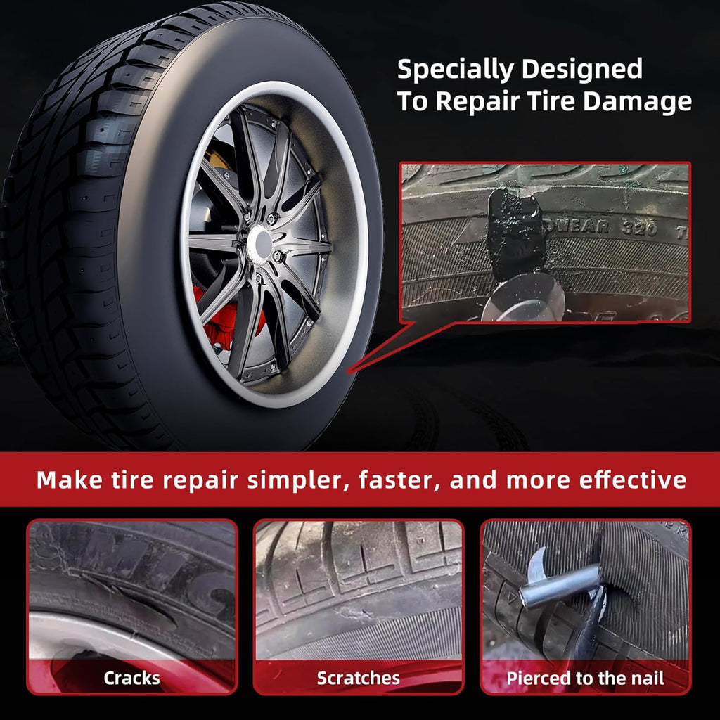 Tire Repair Glue 50ml, Rubber Cement Tire Repair, Tire Plug Glue, Tire Patch Glue Heavy Duty, Three Sizes Tire Repair Nail 9 Pcs, Sidewall Tire Repair Kit for Car, Motorcycle, Bike, Truck, Tractor