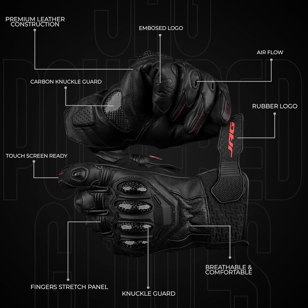 J.A.G. Leather Motorcycle Gloves for Men - Carbon Fiber Knuckle Protection, Motorbike Powersports, Dirt Bike, Touchscreen Gloves for Men and Women, Guantes para Moto.