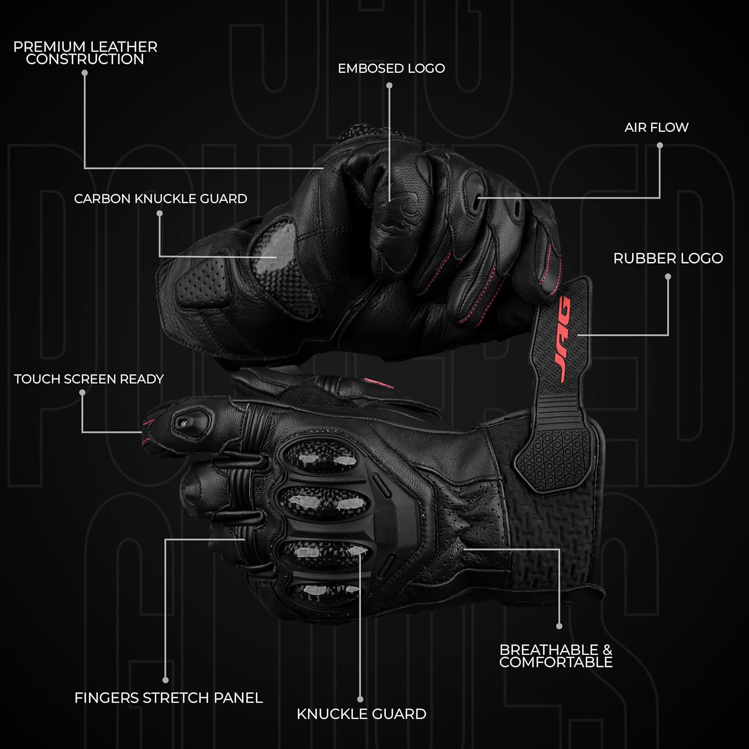 J.A.G. Leather Motorcycle Gloves for Men - Carbon Fiber Knuckle Protection, Motorbike Powersports, Dirt Bike, Touchscreen Gloves for Men and Women, Guantes para Moto.