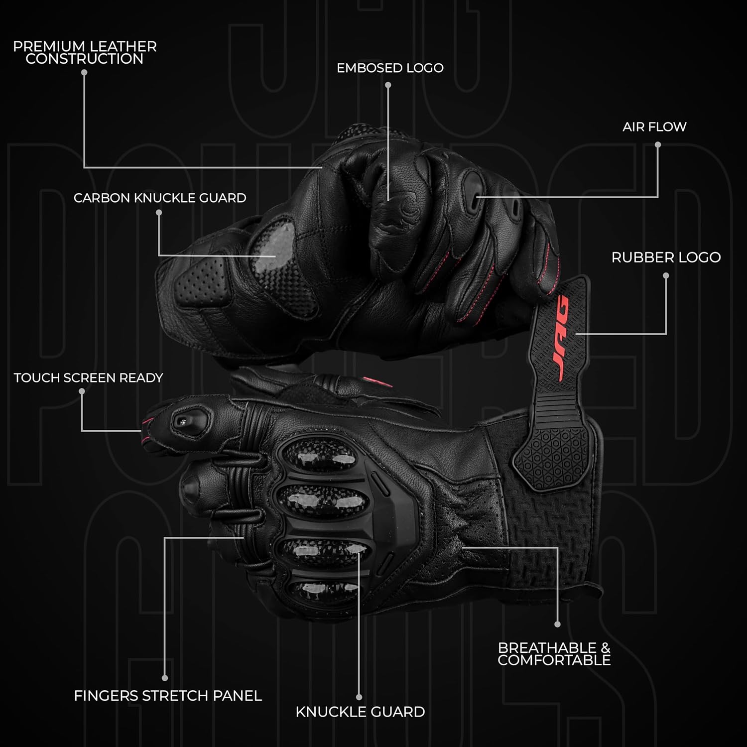 J.A.G. Leather Motorcycle Gloves for Men - Carbon Fiber Knuckle Protection, Motorbike Powersports, Dirt Bike, Touchscreen Gloves for Men and Women, Guantes para Moto.