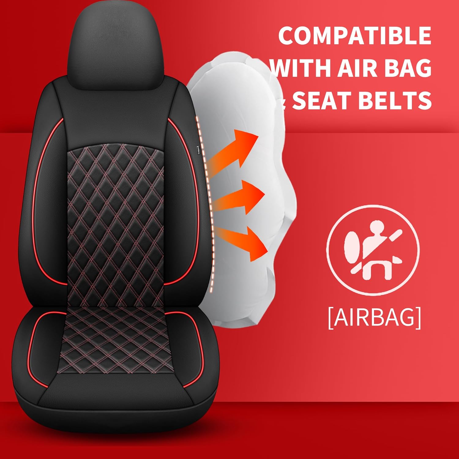 Car Seat Covers Full Set,Breathable and Waterproof Napa Leather Car Seat Cover,Interior Universal Fit for Cars,Sedans,SUVs,Vans,Trucks(Full Seat,Black+Red,N3)