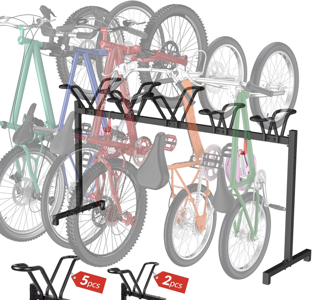 5 Bikes Floor Stand, Adjustable Bicycle Parking Rack with Hook for Garage, Indoor, Outdoor, Free Combination Bike Storage Cycle Rack for Mountain, Road and Kids Bikes, Max Tire Width 2.5”