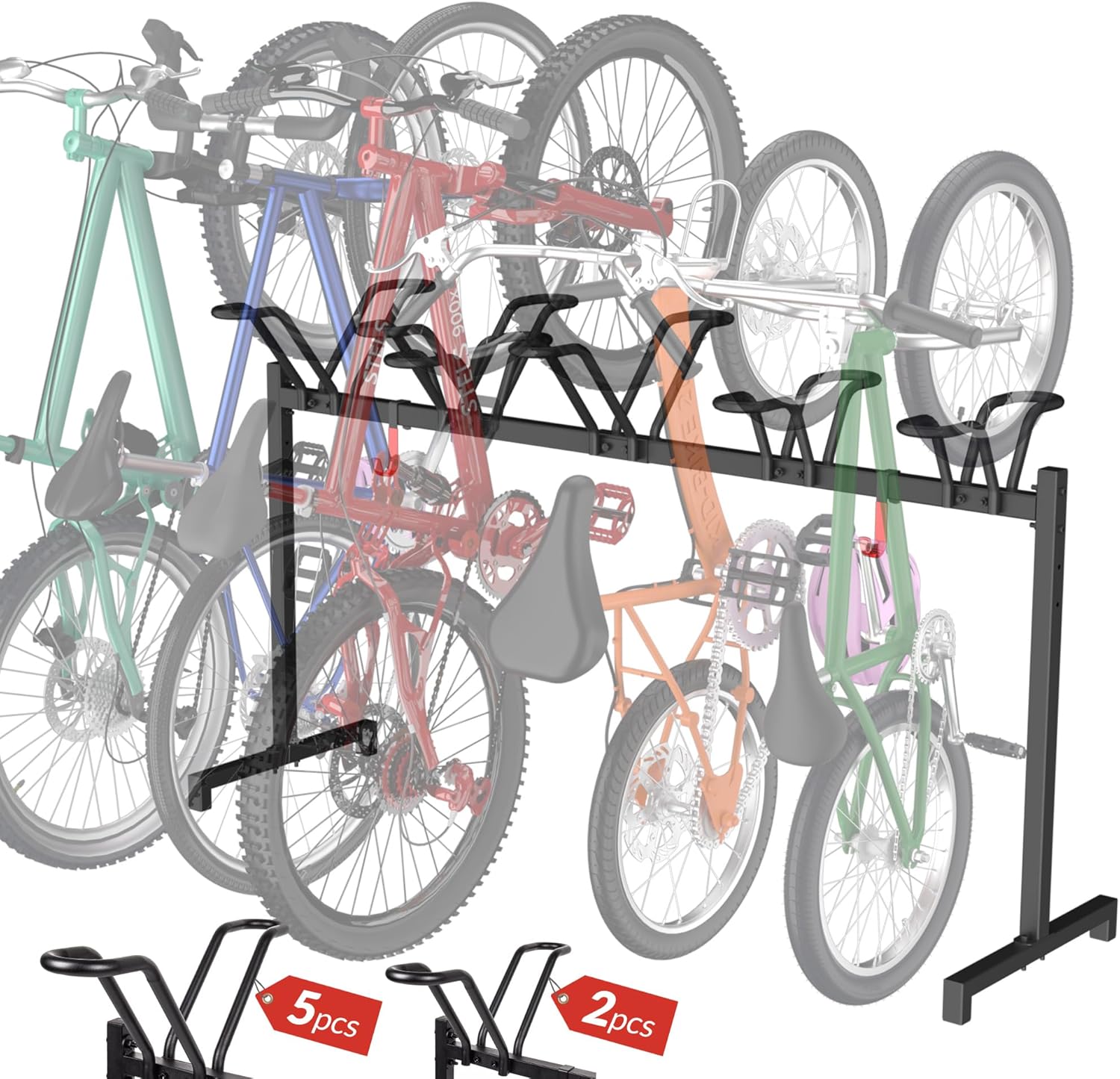 5 Bikes Floor Stand, Adjustable Bicycle Parking Rack with Hook for Garage, Indoor, Outdoor, Free Combination Bike Storage Cycle Rack for Mountain, Road and Kids Bikes, Max Tire Width 2.5”