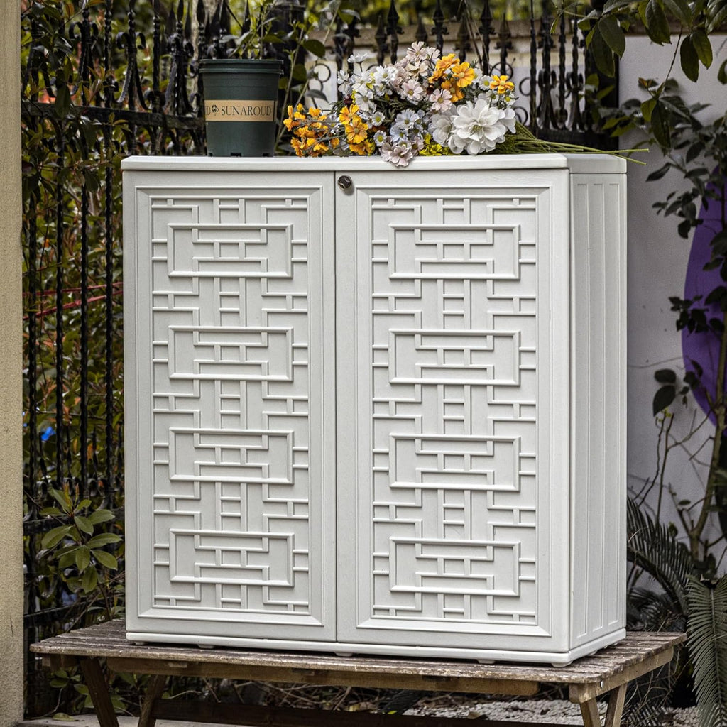 Indoor Outdoor Storage Cabinet Waterproof with Shelf, Off White Plastic Outdoor Cabinets for Patio/Garden/Backyard, Size 34.3''L*15''W*36.2''H