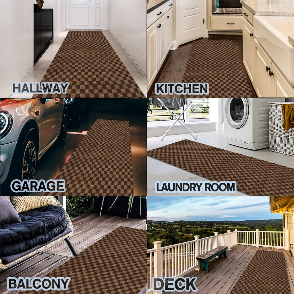 Custom Size Backed Non-Slip Area Rugs Runner, Easy Clean, Waterproof Runner Rugs for Hallway Entryway, Kitchen, Laundry, 4FT x 52FT, Brown Checkered