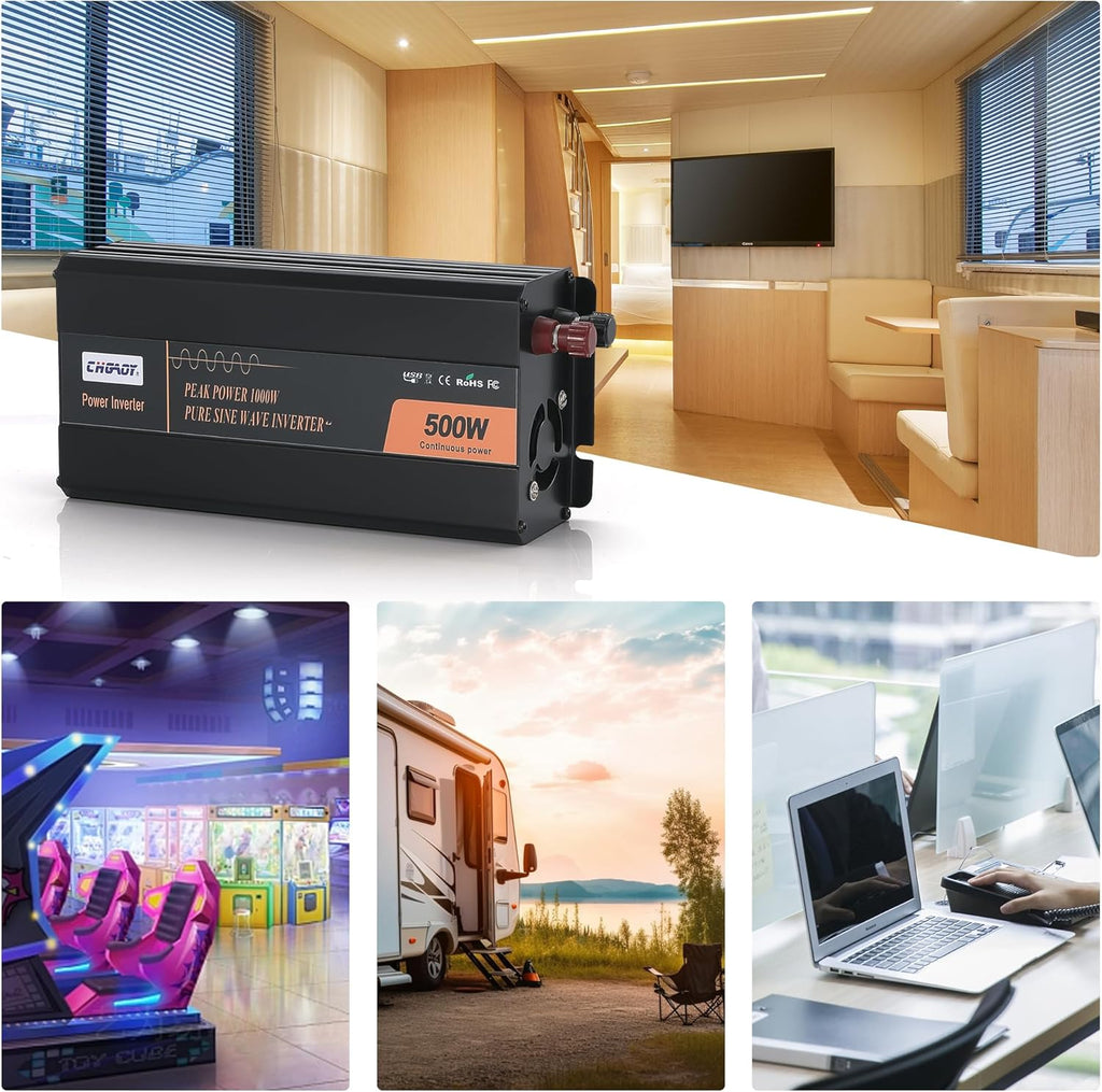 500W Pure Sine Wave Inverter 12V DC to 120V AC Converter for Home, RV, Truck, Off-Grid Solar Power Inverter with Built-in 5V/2.1A USB, Reliable Cable, Remote Controller