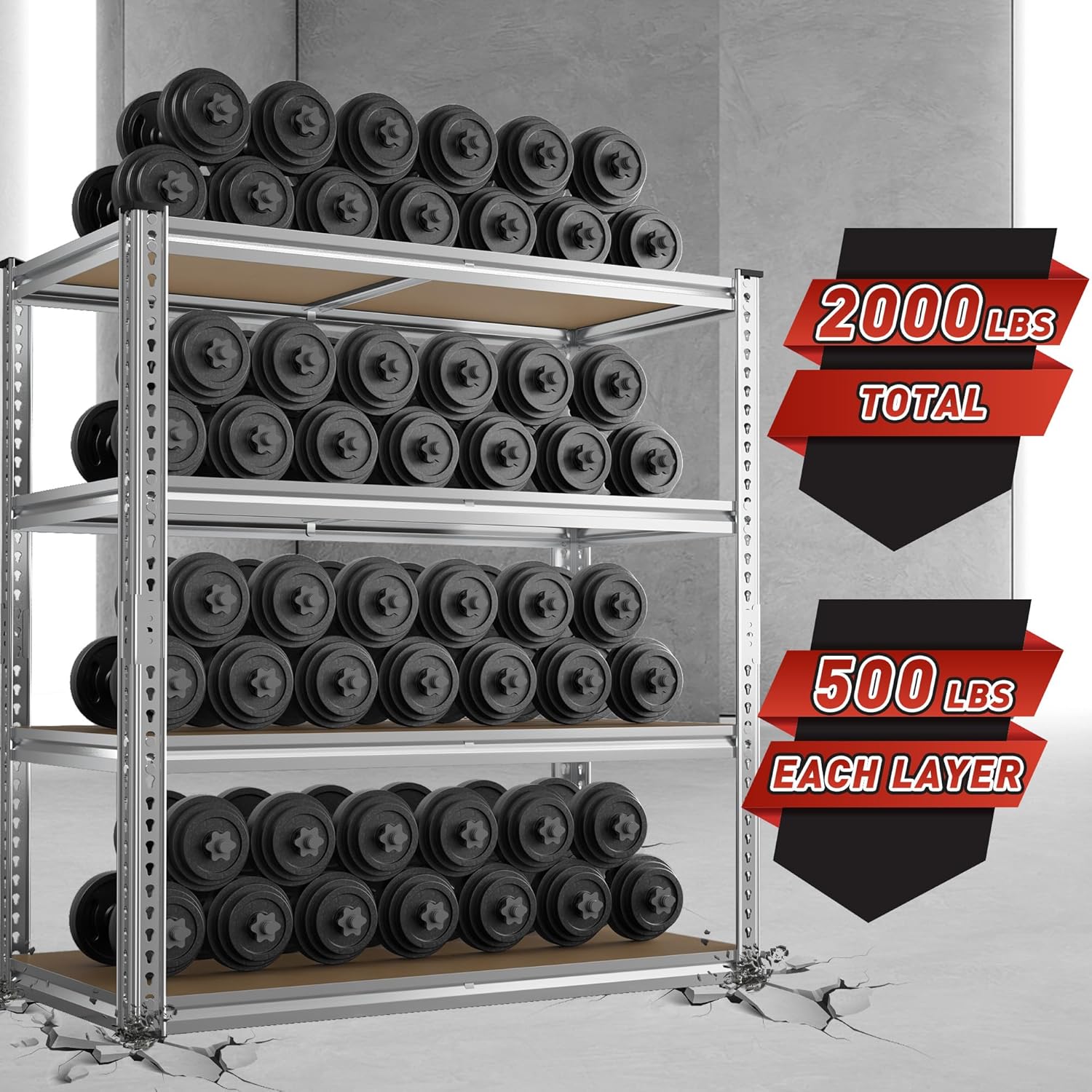 REIBII 40" W Garage Shelving 2000LBS Storage Shelves Adjustable Metal Shelving 4 Tier Pantry Shelves for Closet Basement Kitchen 40" W x 19.7''D x 60''H, Silver