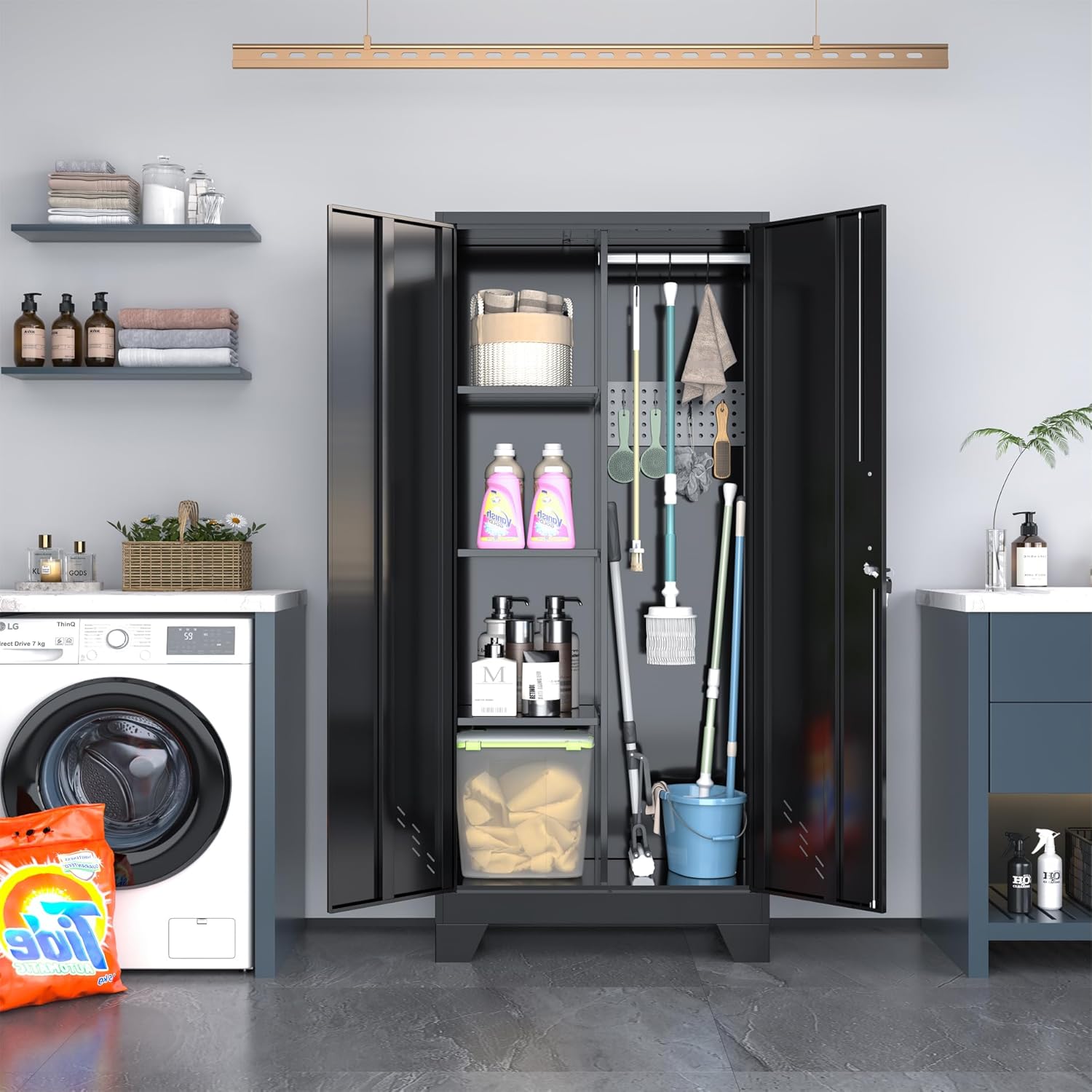 Metal Storage Cabinet,61" Tall Storage Cabinet,Utility Cabinet for Brooms and Mops,Laundry Room Cabinets,Tool Lockable Organization,Black