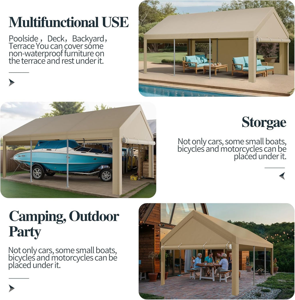Shintenchi Carport 10' x 20' Heavy Duty Portable Garage, Car Port Canopy with Side-Opening Removable Door & Roll-Up Windows, Car Canopy for Truck,Car,Boat,Motorcycle,Khaki