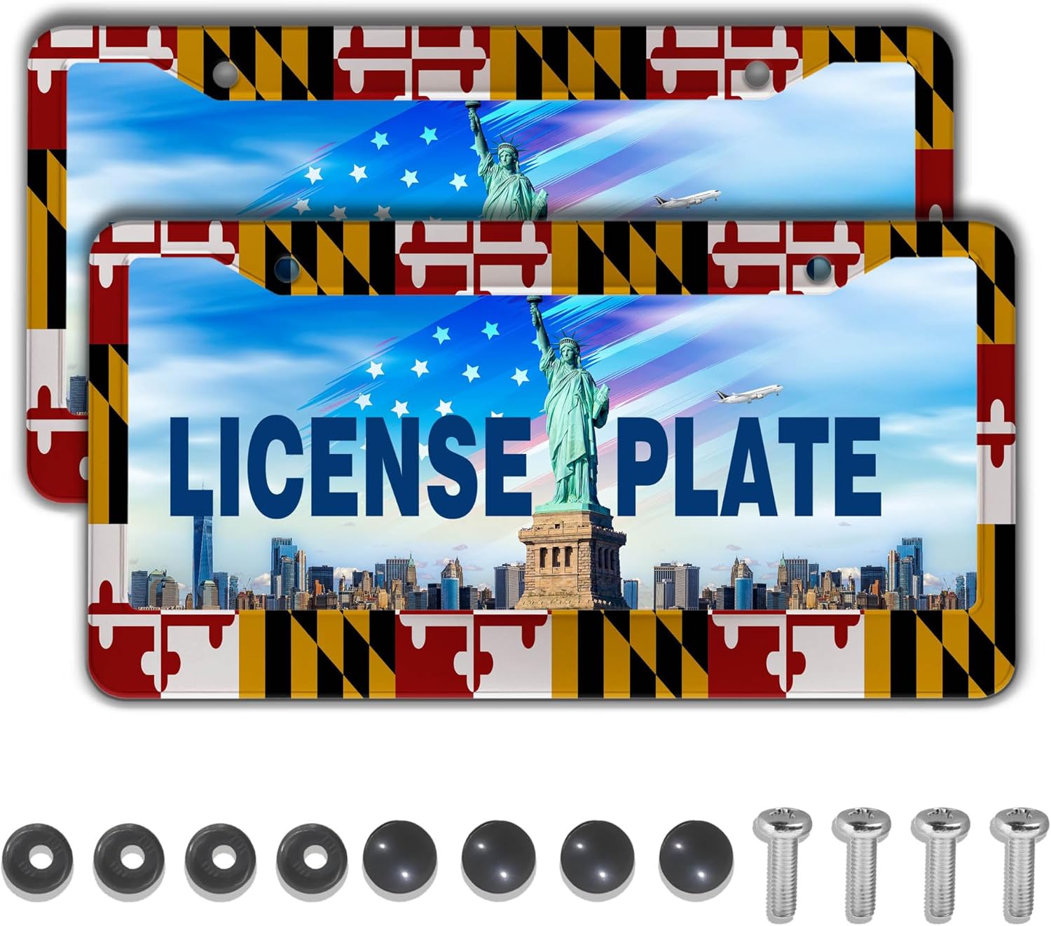 Front License Plate Bracket Multicolor License Plate Frames Flag of Maryland Universal Aluminum Car Accessory 2 Pack with Screw Covers Set