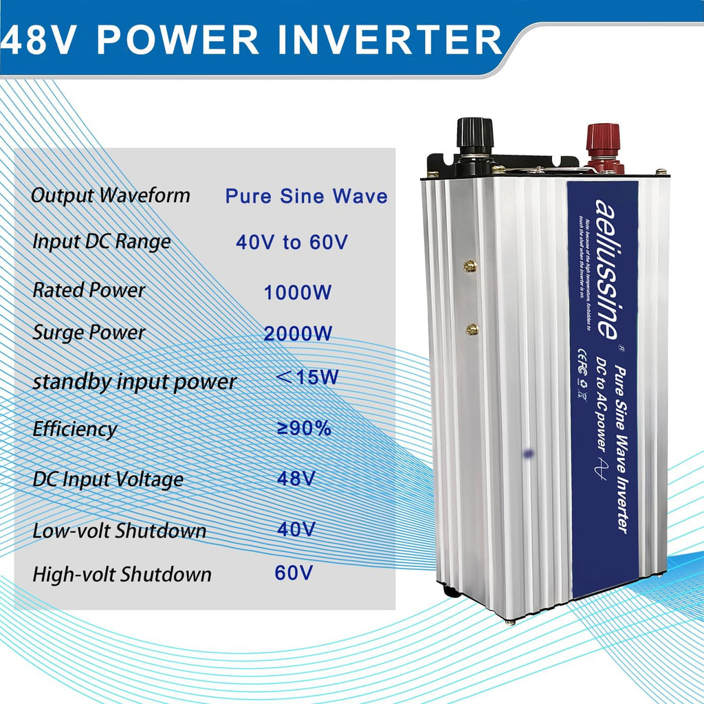 1000W Pure Sine Wave Inverter-48V DC to 110V 120V AC Power Converter with 2 AC Outlets, 48 Volt Power Inverter for Home, Emergency Power