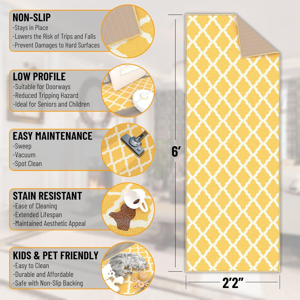 Ottomanson Hallway Runner Rug 2'2" x 6' Non Slip Trellis Area Rugs Easy to Clean Laundry Rug Runner Durable & Pet Friendly Floor Carpet Runners for Hallways Entryway Living Room Kitchen, Yellow