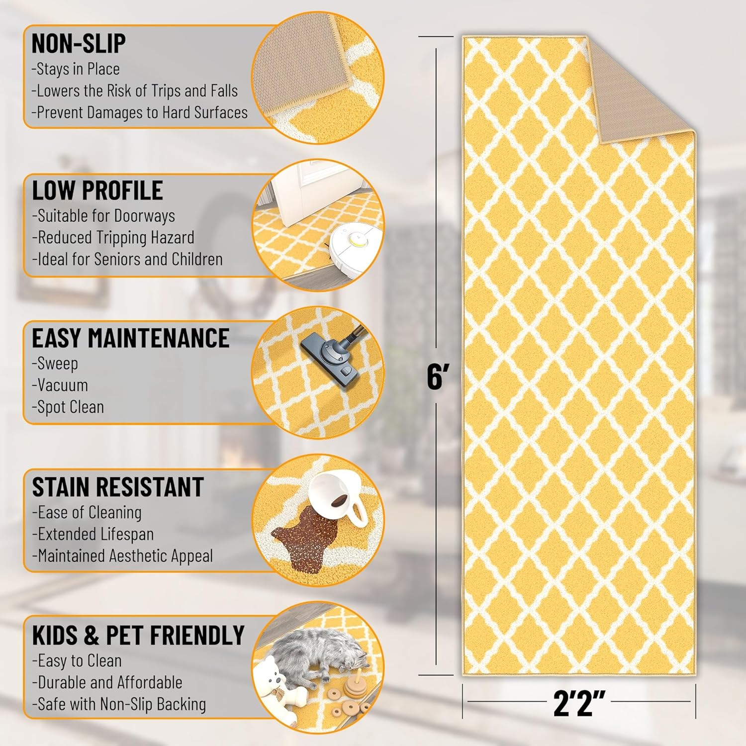 Ottomanson Hallway Runner Rug 2'2" x 6' Non Slip Trellis Area Rugs Easy to Clean Laundry Rug Runner Durable & Pet Friendly Floor Carpet Runners for Hallways Entryway Living Room Kitchen, Yellow