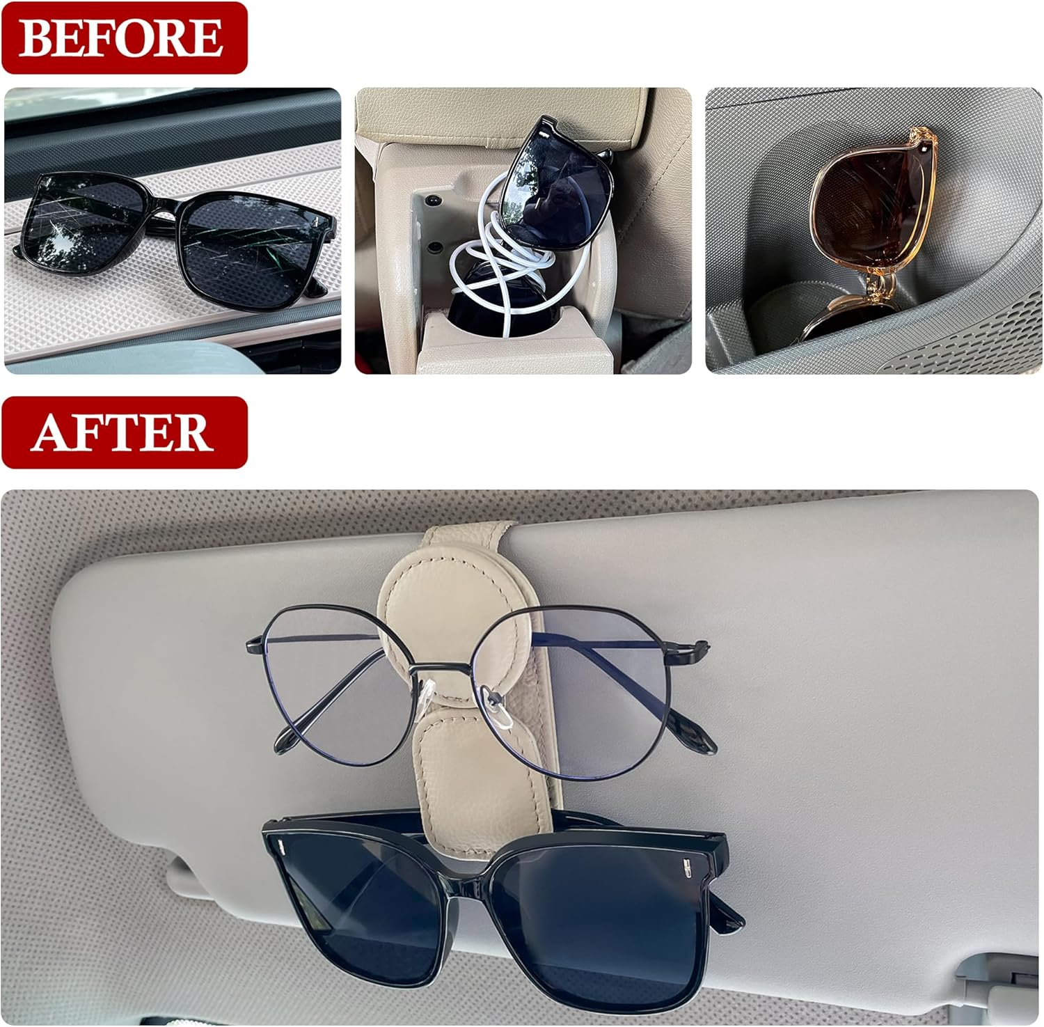 KIWEN 2 Pack Sunglasses Holder for Car Visor, Magnetic Leather Sunglass Eyeglass Hanger Clip for Car Sun Visor Accessories (2, Beige)