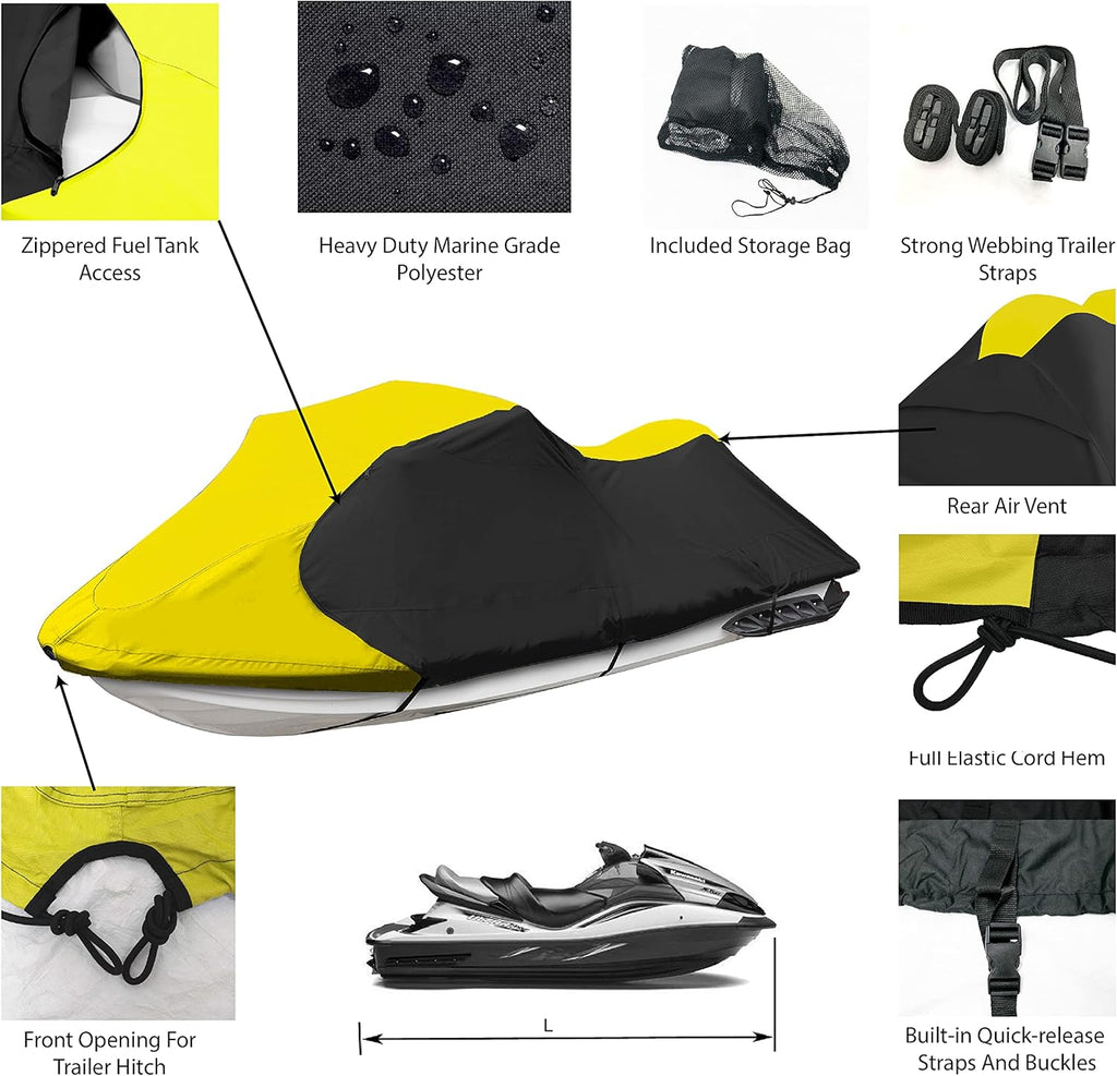 Trailerable Jet Ski Cover, Waterproof Marine Grade 600D Heavy Duty Polyester PWC Cover Yellow/Black Fits from 136"-145" 3 Seater