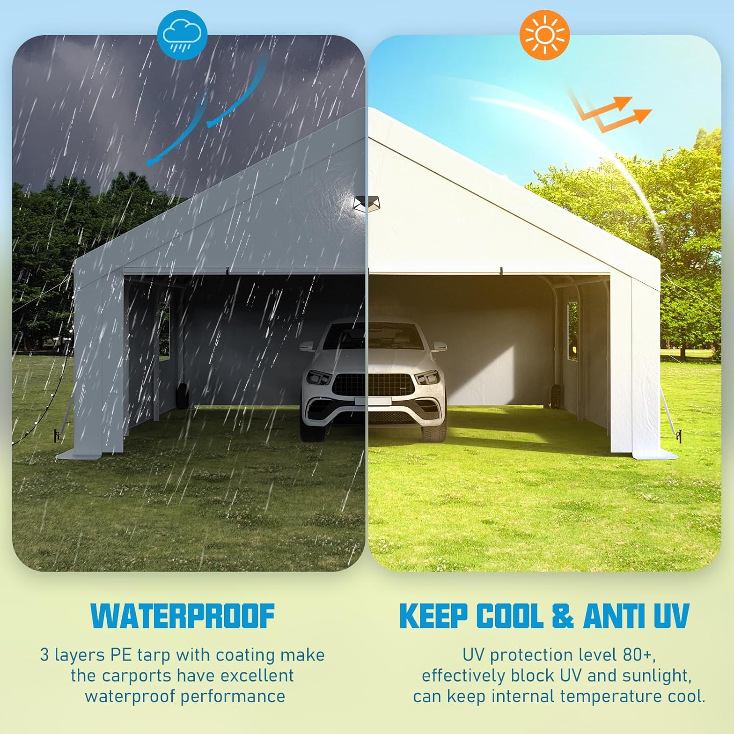 20x20 Carport, Heavy Duty Carport Canopy Garage with Removable Sidewalls and Drive Through Roll Up Zipper Doors, White