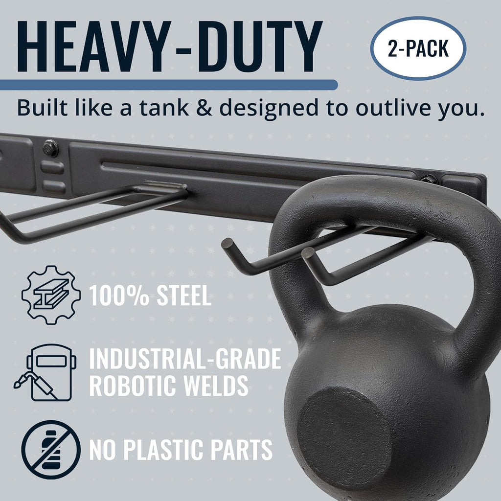 StoreYourBoard Wall-Mounted Rack With 4 Garage Hooks – Heavy-Duty Steel Holder Garage & Garden Storage for Shed, Workshop, or Home Organization – For Rakes, Shovels, Tools & More – 2 Pack, Gray