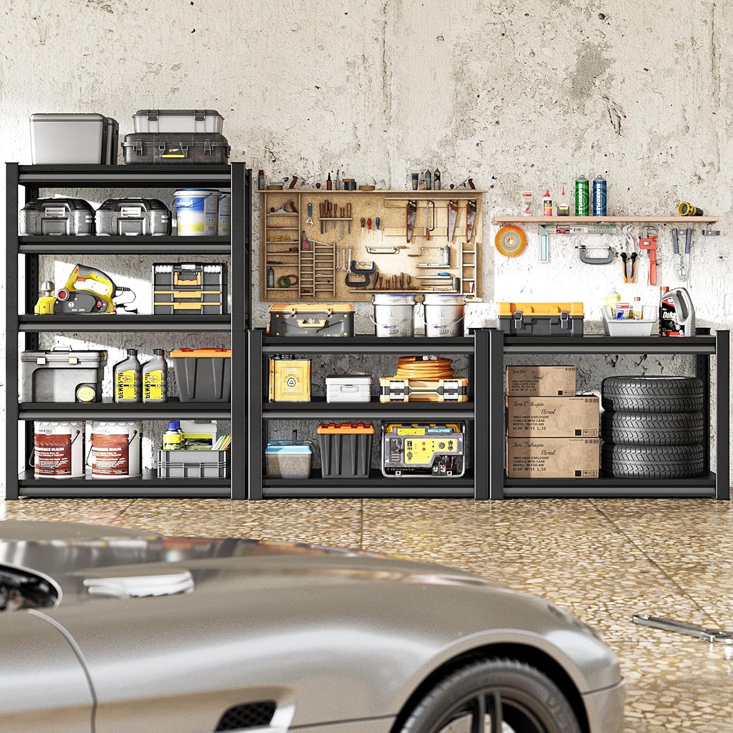 Garage Storage Shelves Heavy Duty, 48”W Garage Shelving and Storage Rack, 3000LBS Loads Shelving Units, Adjustable 5-Tier Metal Shelves for Garage, Warehouses, 48”W×24”D×78”H,Silver