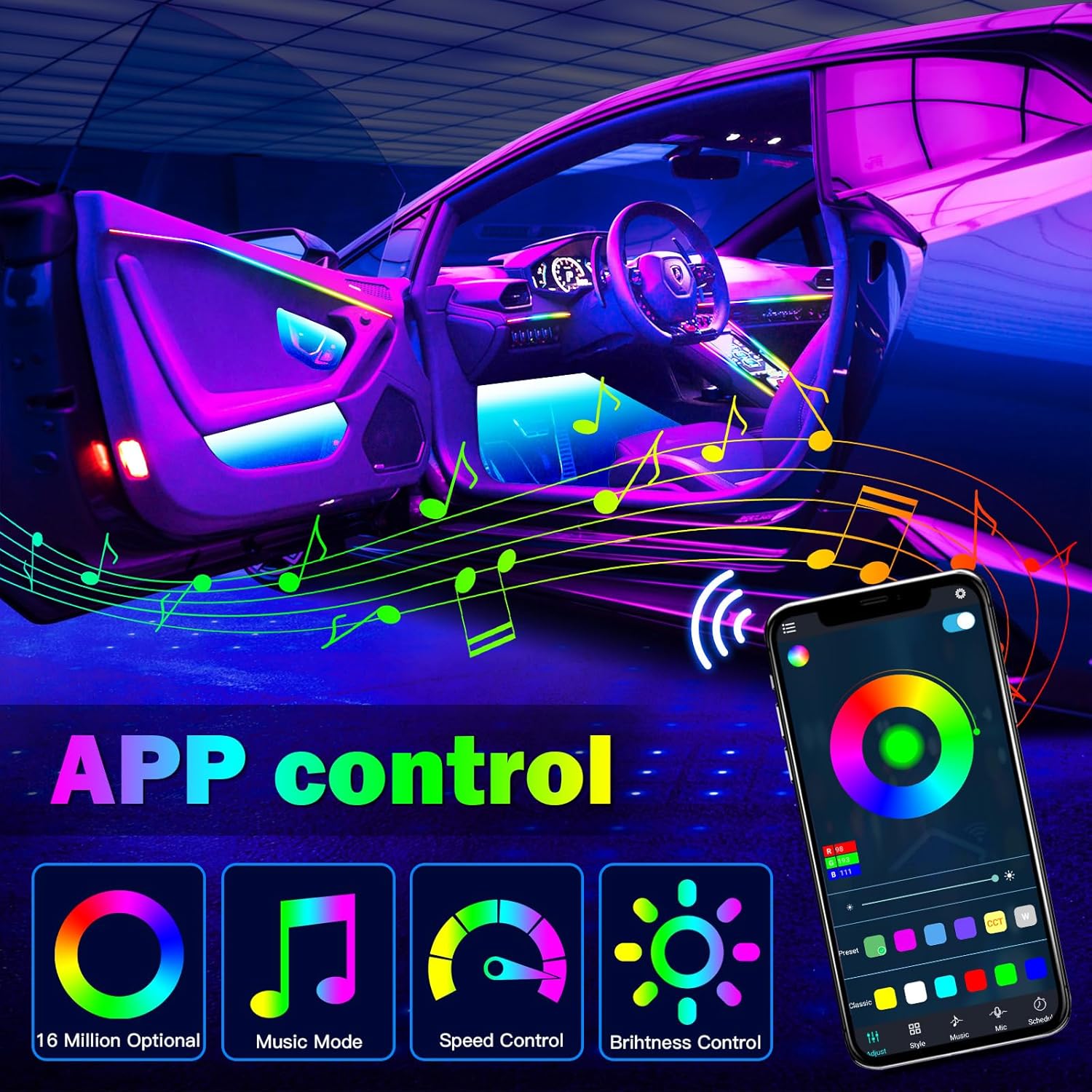 WEBUPAR Dreamcolor 6 in 1 Car LED Strip Lights with APP Control and 213 Color Modes, Neon Ambient Lighting Kits