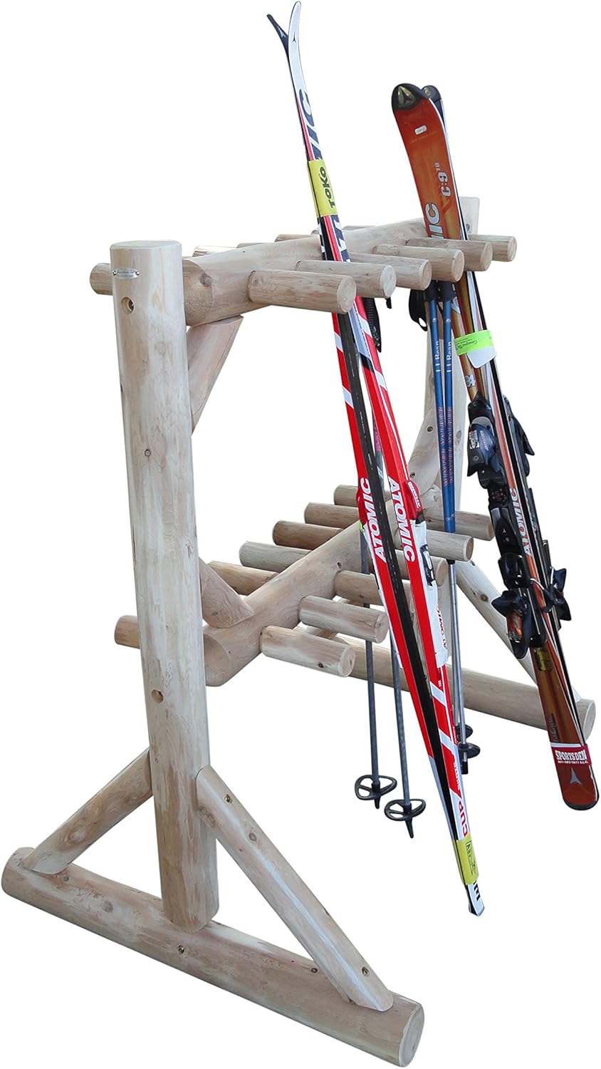 11-Place Freestanding Log Ski Rack Holder, Indoor & Outdoor Snowboard Racks, Standing Storage, Garage Racks for Snow Skis, Durable Snowboard Rack Garage Storage Organizer - Unfinished
