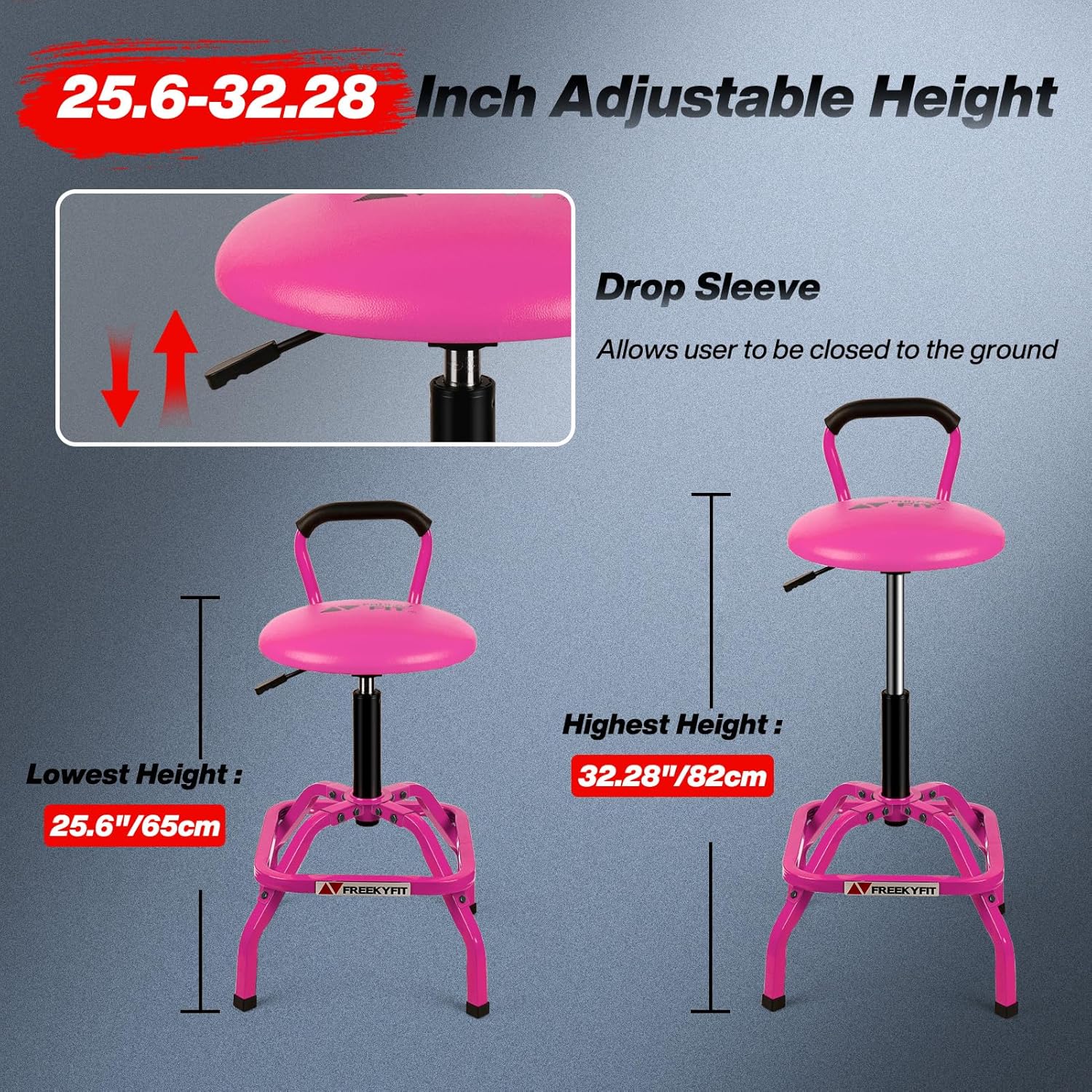 Garage Stool, Adjustable Height Swivel Work Mechanic Shop Stool with Backrest, Pneumatic Shop Chair for Home, Workshop, 300 LBS Capacity, 360° Rotation, Heavy Duty, Pink