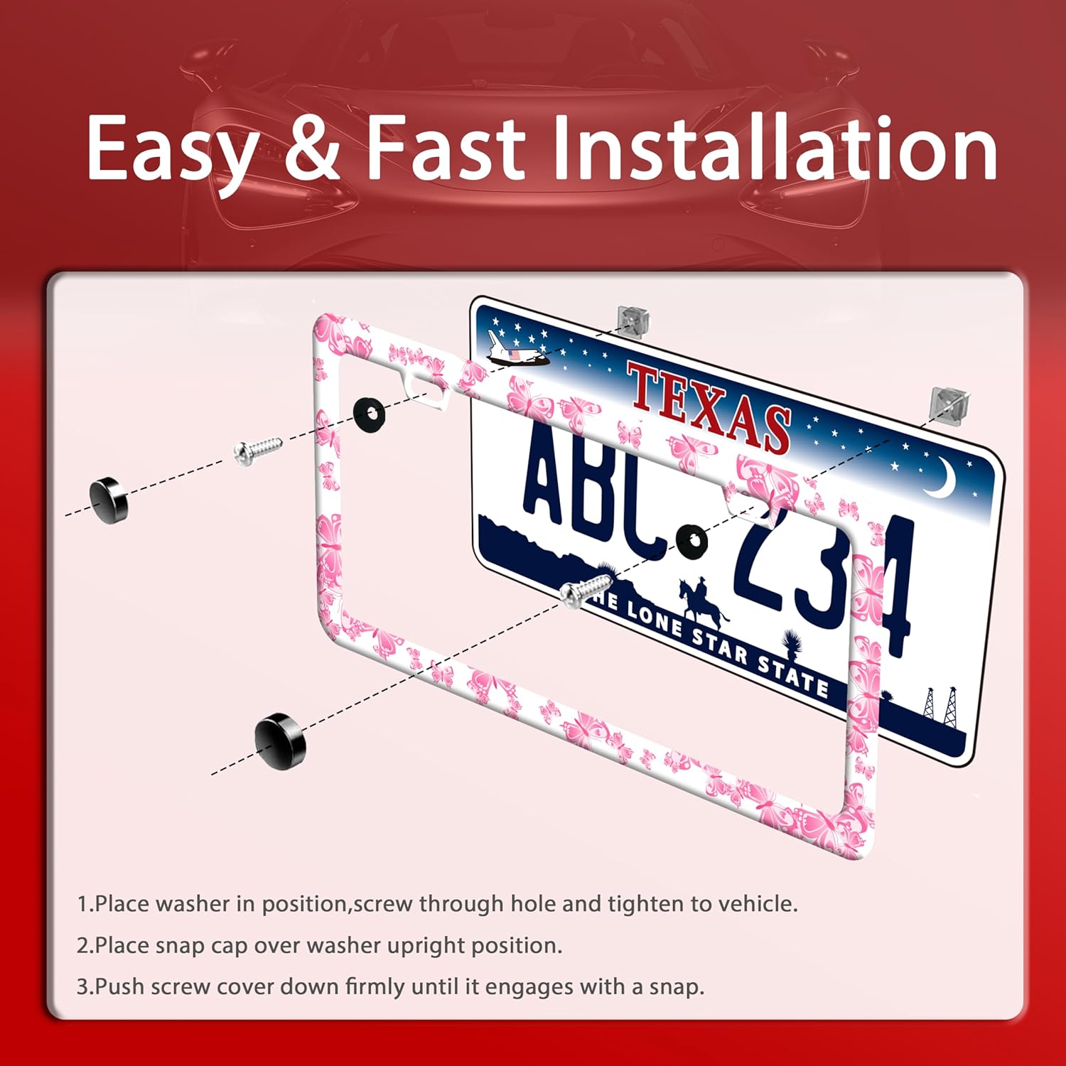 Pink Butterfly License Plate Frame Funny Animal License Plate Frames Stainless Steel Accessories Cars Decor with 2 Holes and Screws Fits Standard Us Ca Vehicles License Plate Holder 12.2 X 6 Inch