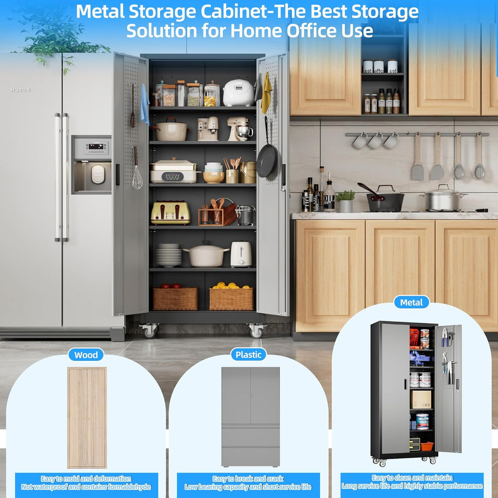 71" H×32" W×16" D Garage Storage Cabinet with Wheels & Pegboard, Locking Metal Storage Cabinet with Doors and 5 Adjustable Shelves & & 4 Hooks for Garage Warehouse Home Office, Black and Gray