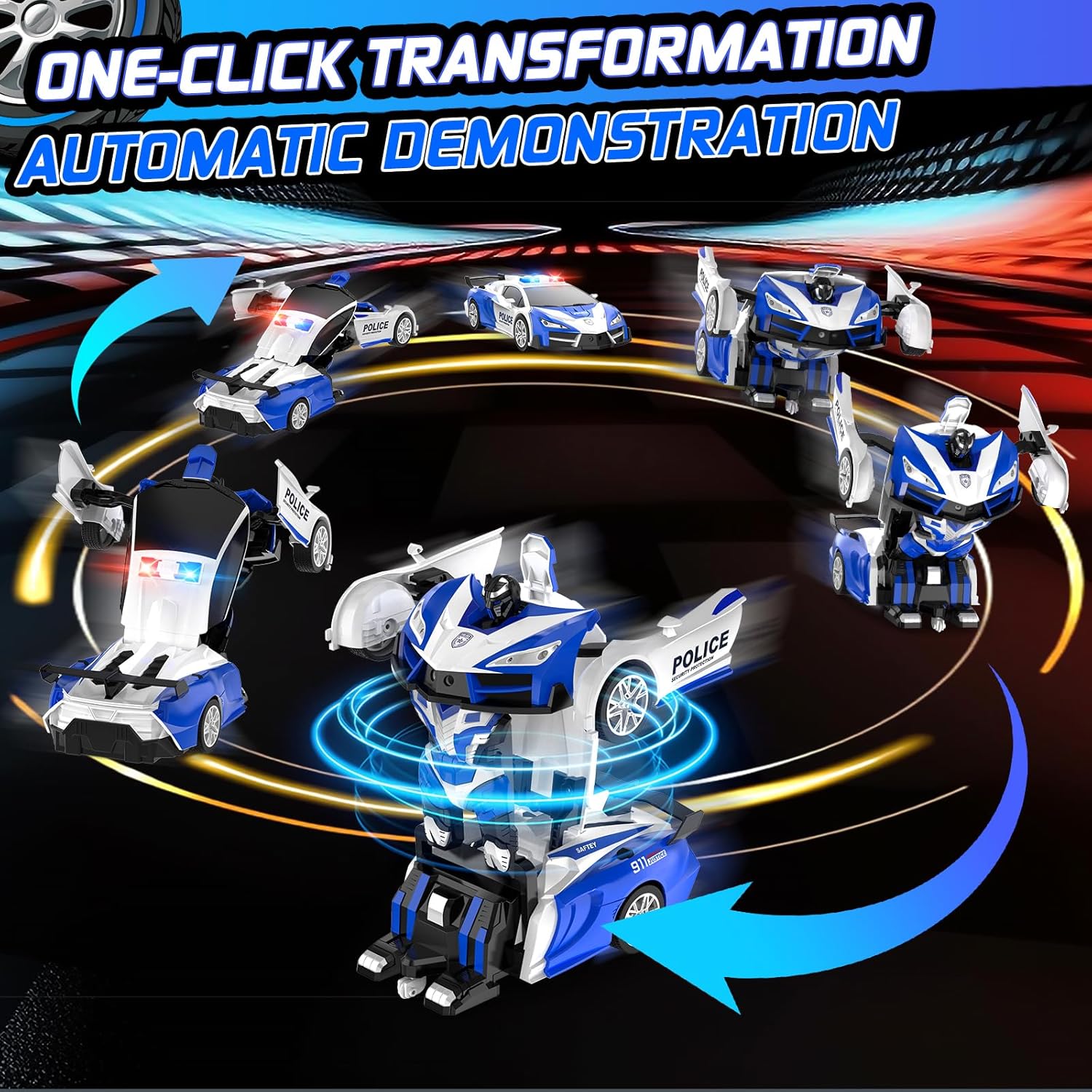 Remote Control Car for Boys 4-7, 2.4GHz RC Car 1:18 Scale, One-Button Transforming Toy with 360° Spins, LED Lights (Blue)