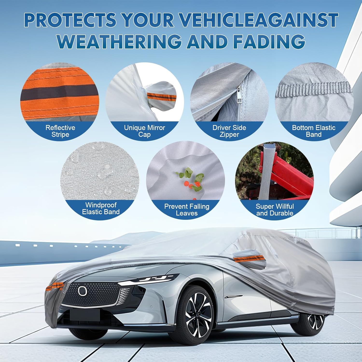 KEYOOG Fit for 198"-208" Length SUVs, 6-Layer Full Car Cover is All-Weather Waterproof, Universal in All Seasons, Snow Prevention, Rainproof, Acid Rainproof, Sunscreen, Orange Reflective Strip