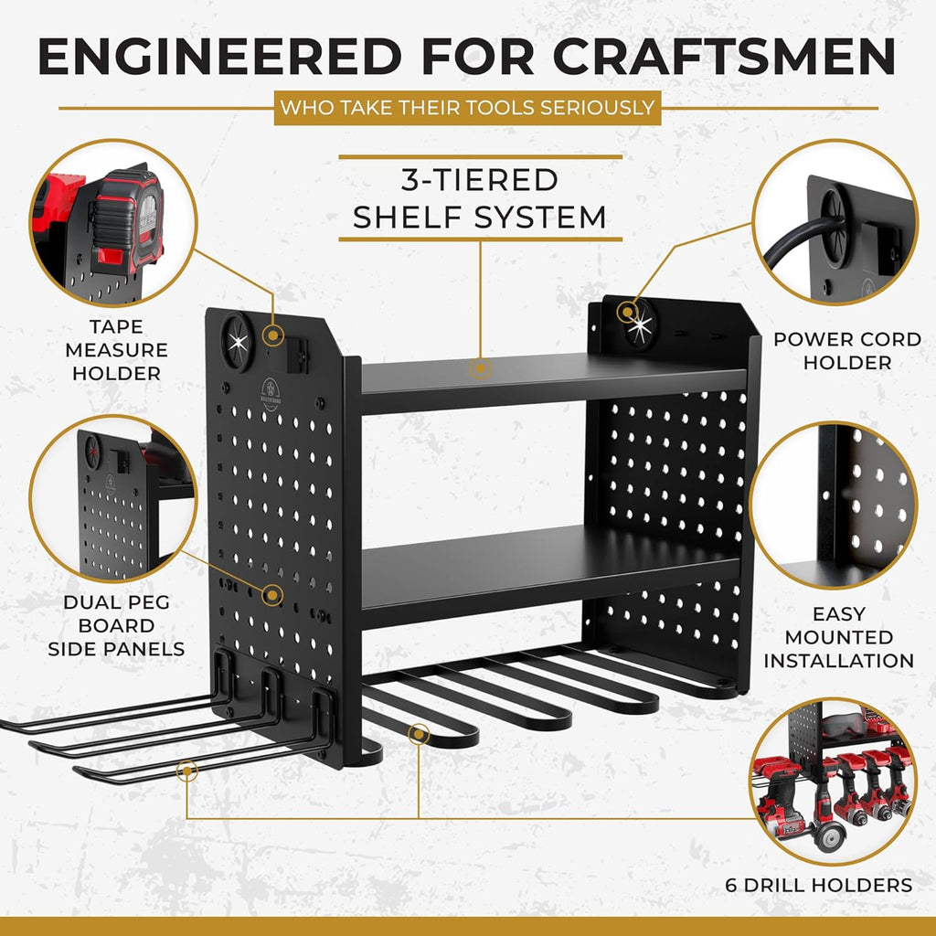 Power Tool Organizer-6 Drill Holder Wall Mount, 3 Tier Heavy-Duty Hand Tool Storage Rack, Utility Racks, Drill Holder, 2 Pegboard Sides - Garage Storage Cordless Tool Organizer (Black)