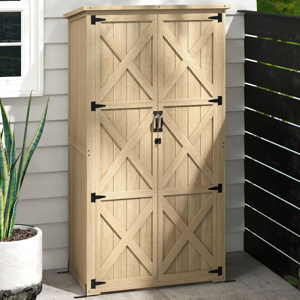 Wooden Garden Shed, Outdoor Storage Cabinet with Waterproof Asphalt Roof, Narrow Tool Shed with Shelves and Lockable Doors, Natural